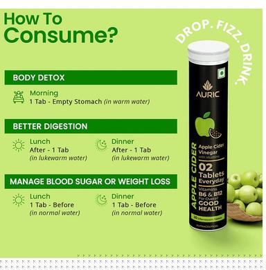 Auric Apple Cider Vinegar Effervescent Tablet with Vitamins B6, B12 (20 Each)